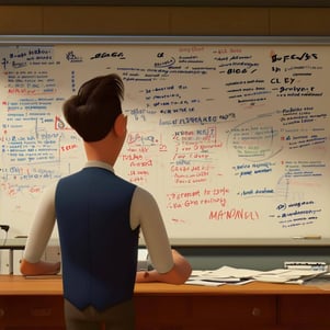 A pixar animated character style image of a manager looking over a whiteboard full of issues and project delays