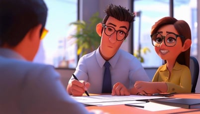 A pixar style animated character scene of a project manager checking off a list of skills while interviewing an employee