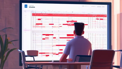 A pixar style animated image of a character looking conference room screen in a modern office at a Jira project schedule that has lots of red for dela