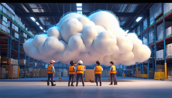 A pixar style character image of a group of tech workers looking at moving a large stylized and complicated cloud from a warehouse