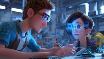 A pixar style character with Octane 3D quality rendering of an experienced technology worker instructing a learning worker