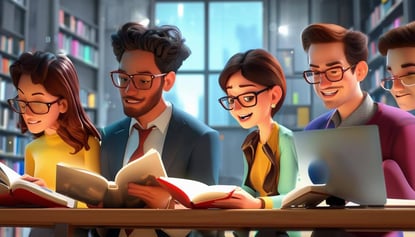 a pixar animated character style image of employees in a tech services firm frantically reading and engaging in continuous learning activities on book